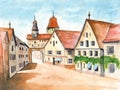 Watercolor european town with beautiful colorful houses