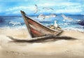 Watercolor old brown fishing boat on the sandy beach