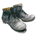 Watercolor picture of old ragged shoes, black and white on white background, for decoration, illustration