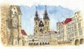 Watercolor Old Town Square in Prague