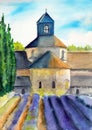 Watercolor picture of purple lavender field with an ancient castle