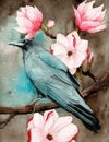 Watercolor picture of a raven on the magnolia Royalty Free Stock Photo