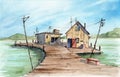 Watercolor picture of a river pier Royalty Free Stock Photo