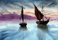 Watercolor picture of sailing boats in the sea in evening Royalty Free Stock Photo