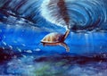 Watercolor picture of a sea turtle in a blue ocean Royalty Free Stock Photo