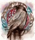 Watercolor picture of a sepia raven with colorful viking pattern