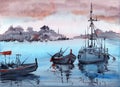 Watercolor picture of some fishing boats in the sea Royalty Free Stock Photo