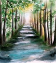 Watercolor picture of a sunlit forest alley