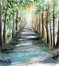 Watercolor picture of a sunlit forest