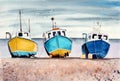 Watercolor picture of three colorful fishing boats Royalty Free Stock Photo