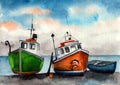 Watercolor picture of three colorful red, green and blue fishing boats