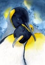 Watercolor picture of two black emperor penguins Royalty Free Stock Photo
