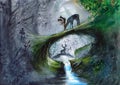 Watercolor picture of two deers in the green forest Royalty Free Stock Photo