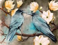 Watercolor picture of two ravens on the magnolia