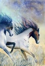 Watercolor picture of two running horses Royalty Free Stock Photo