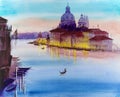 Watercolor Venice canal with gondolas and palaces