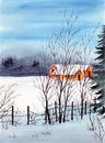 Watercolor picture of a winter landscape with some snow covered houses Royalty Free Stock Photo