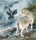 Watercolor picture of a wolf and a raven