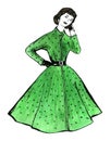 Watercolor picture - young woman in retro style dress