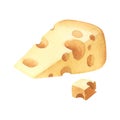 Watercolor piece swiss cheeses emmental cheese triangle with holes. Delicious milk food hand-drawn illustration isolated