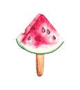 Watercolor piece of watermelon on a stick on a white isolated background