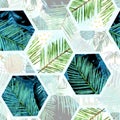 Watercolor pieces of palm leaves and blue hexagon seamless pattern ilustration. tropical background