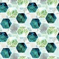 Watercolor pieces of palm leaves and blue hexagon seamless pattern ilustration. tropical background