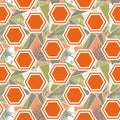 Watercolor pieces of palm leaves and orange hexagon seamless pattern ilustration. tropical background
