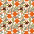 Watercolor pieces of palm leaves and orange hexagon seamless pattern ilustration. tropical background