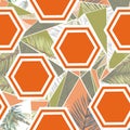 Watercolor pieces of palm leaves and orange hexagon seamless pattern ilustration. tropical background