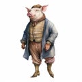 Watercolor Pig In Victorian Clothing: Detailed Fantasy Art