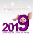 2019 Watercolor Pig year card Vector. Snowy blurry background. Happy New Year holiday events