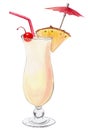 Watercolor pina colada cocktail with red umbrella and pineapple isolated on white background Royalty Free Stock Photo