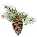 Watercolor pine cone with Christmas decor. Hand painted pine cone with christmas tree branch, bells, holly and craft Royalty Free Stock Photo