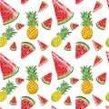 Watercolor pineaple and sliced watermelon seamless pattern. Summer background with fresh juicy tropical fruits Royalty Free Stock Photo