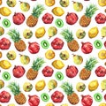 Watercolor pineapple pomegranate lemon pear kiwi fruit seamless pattern