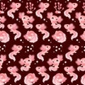 Watercolor pink axolotl character with bubbles on bordo background for kid's design of different products like