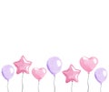 Watercolor pink balloons border isolated on white background