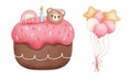 Watercolor pink balloons bunches and birthday cake illustration.Birthday party decoration