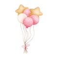 Watercolor pink balloons bunches illustration.Birthday party,Valentines balloons decoration