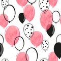 Watercolor pink and black balloons seamless pattern.