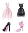 Watercolor pink and black dresses and shoes fashion set isolated on white background Royalty Free Stock Photo