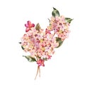 Watercolor pink blooming hydrangea with small wildflowers Royalty Free Stock Photo