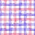 Watercolor Pink Blue Check Geometric Seamless Pattern Background. Plaid in Watercolour Color. Hand Painted Simple Design