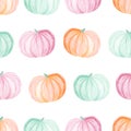 Watercolor pink blue pastel pumpkins seamless pattern on white background