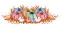 Watercolor pink and blue pumpkin composition, floral pumpkins, Halloween clip art, autumn design elements, fall