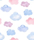 Watercolor pink, blue and purple clouds. Kids and baby pattern