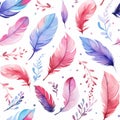 watercolor pink blue purple feather pattern on white background generative AI Royalty Free Stock Photo
