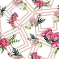Watercolor pink bouquet flower. Floral botanical flower. Seamless background pattern. Royalty Free Stock Photo