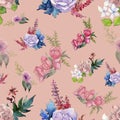 Watercolor pink bouquet flower. Floral botanical flower. Seamless background pattern. Royalty Free Stock Photo